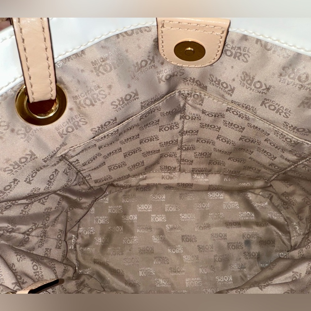 Michael Kors White Patent Leather Monogram Tote with Butterfly Accent Charm - Picture 8 of 11